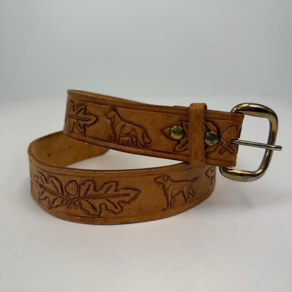 Vintage Hand Tooled Leather Belt Small Dogs Oak Leaves Acorns Tan Brown 31.5in